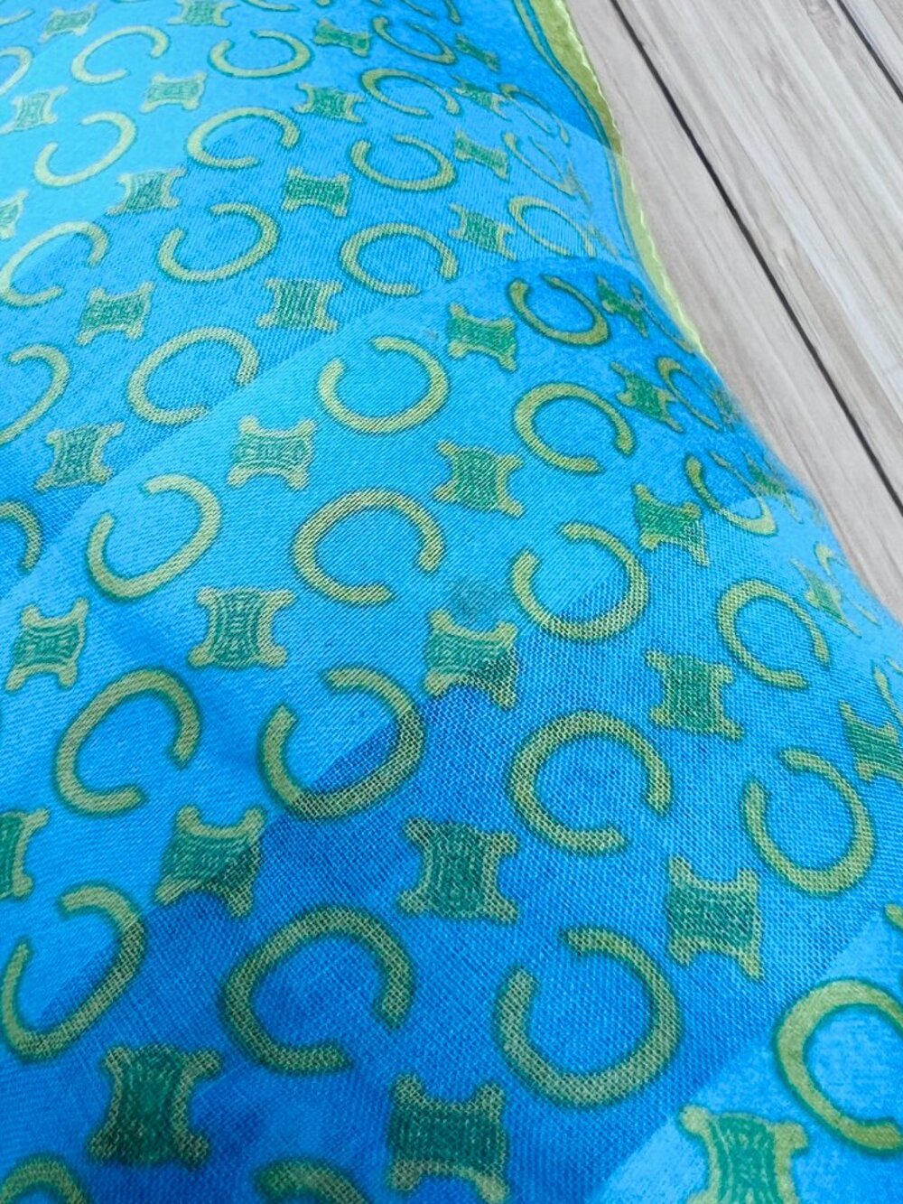 New Celine Paris Mini Scarf 19.5" Cotton/Silk Teal Blue Green Gold Logo "C" (88 - Picture 4 of 9
